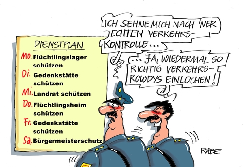 Cartoon: Schutz (medium) by RABE tagged tröglitz,asylantenwohnheim,personenschutz,flüchtlinge,ausländer,dienstplan,neonazis,gewalt,rabe,ralf,böhme,cartoon,karikatur,pressezeichnung,farbcartoon,tagescartoon,polizei,polizeischutz,landrat,gedenkstätte,bewachung,rechte,nazis,pegida,tröglitz,asylantenwohnheim,personenschutz,flüchtlinge,ausländer,dienstplan,neonazis,gewalt,rabe,ralf,böhme,cartoon,karikatur,pressezeichnung,farbcartoon,tagescartoon,polizei,polizeischutz,landrat,gedenkstätte,bewachung,rechte,nazis,pegida