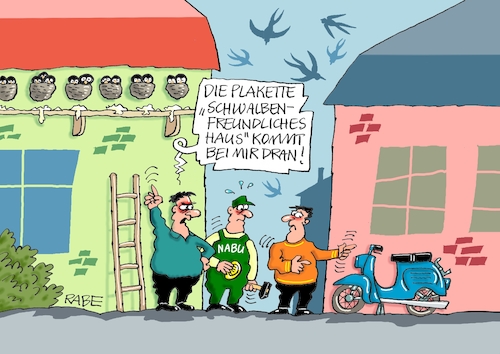 Cartoon: Schwalbennester (medium) by RABE tagged artenschutz,artenschutzabkommen,kanada,montreal,wildtiere,wildtierhandel,umwelt,klima,rabe,ralf,böhme,cartoon,karikatur,pressezeichnung,farbcartoon,tagescartoon,nabu,grüne,tierschutz,schwalben,rauchschwalbe,mehlschwalbe,schwalbennester,zugvögel,plakette,schwalbenfreundlich,moped,schwalbe,simson,suhl,ddr,krad,artenschutz,artenschutzabkommen,kanada,montreal,wildtiere,wildtierhandel,umwelt,klima,rabe,ralf,böhme,cartoon,karikatur,pressezeichnung,farbcartoon,tagescartoon,nabu,grüne,tierschutz,schwalben,rauchschwalbe,mehlschwalbe,schwalbennester,zugvögel,plakette,schwalbenfreundlich,moped,schwalbe,simson,suhl,ddr,krad