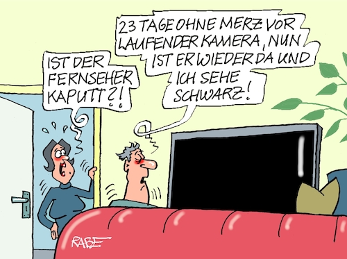 Cartoon: Schwarzseher (medium) by RABE tagged merz,kanzler,koalition,union,spd,klingbeil,cartoon,karikatur,pressezeichnung,farbcartoon,tagescartoon,db,bahn,frühling,frühjahr,frühjahrsputz,ice,zug,blumenkasten,blumenkästen,esc,songcontest,sommerpause,neustart,kamera,tv,urlaubsende,schwarz,schwarzseher,amtsperiode,merz,kanzler,koalition,union,spd,klingbeil,cartoon,karikatur,pressezeichnung,farbcartoon,tagescartoon,db,bahn,frühling,frühjahr,frühjahrsputz,ice,zug,blumenkasten,blumenkästen,esc,songcontest,sommerpause,neustart,kamera,tv,urlaubsende,schwarz,schwarzseher,amtsperiode