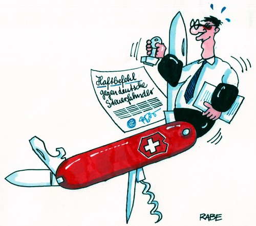 Cartoon: Schweizer Messer (medium) by RABE tagged schweiz,schweizer,messer,taschenmesser,steuerfahnder,steuerfahndung,nrw,beamte,klinge,schärfe,haft,haftbefehl,gefängnis,knast,behörde,euro,krise,cd,ankauf,tell,justiz,steuerhinterzieher,steuersünder,steuerabgaben,steuerzahler,finanzminister,festnahme,schweizer taschenmesser,schweiz,steuerfahndung,steuerfahnder,nrw,beamte,klinge,schweizer,taschenmesser