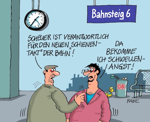 Cartoon: Schwellenangst (medium) by RABE tagged deutsche,bahn,pakt,bahnpakt,verkehrsminister,andi,scheuer,csu,rabe,ralf,böhme,cartoon,karikatur,pressezeichnung,farbcartoon,tagescartoon,bahnhof,fahrgast,verspätung,pünktlichkeit,deutschlandtakt,deutsche,bahn,pakt,bahnpakt,verkehrsminister,andi,scheuer,csu,rabe,ralf,böhme,cartoon,karikatur,pressezeichnung,farbcartoon,tagescartoon,bahnhof,fahrgast,verspätung,pünktlichkeit,deutschlandtakt