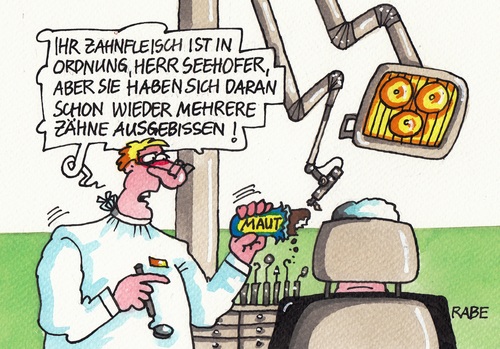 Cartoon: Seehofer Maut (medium) by RABE tagged horst,seehofer,csu,bayern,maut,vignette,gebühren,bundesverkehrsminister,dobrint,straßengebühren,rabe,ralf,böhme,cartoon,karikatur,pressezeichnung,farbcartoon,tagescartoon,pkw,einnahmen,zahnarzt,zahnfleisch,zähne,zahnausfall,ausbeissen,bohrer,horst,seehofer,csu,bayern,maut,vignette,gebühren,bundesverkehrsminister,dobrint,straßengebühren,rabe,ralf,böhme,cartoon,karikatur,pressezeichnung,farbcartoon,tagescartoon,pkw,einnahmen,zahnarzt,zahnfleisch,zähne,zahnausfall,ausbeissen,bohrer