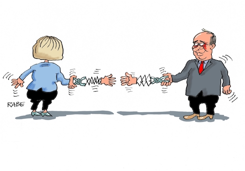 Cartoon: Shake Hands (medium) by RABE tagged russlan,moskau,präsidentenwahl,kreml,kremlchef,putin,rabe,ralf,böhme,cartoon,karikatur,pressezeichnung,farbcartoon,tagescartoo,merkel,kanzlerin,besuch,sofia,gasprom,irankrise,trump,handelsembargo,sanktionen,russlan,moskau,präsidentenwahl,kreml,kremlchef,putin,rabe,ralf,böhme,cartoon,karikatur,pressezeichnung,farbcartoon,tagescartoo,merkel,kanzlerin,besuch,sofia,gasprom,irankrise,trump,handelsembargo,sanktionen