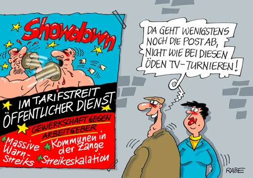 Cartoon: Showdown (medium) by RABE tagged gewrkschaften,verdi,showdown,arbeitgeber,arbeitnehmer,lohnforderungen,verhandlungen,streik,streikeskalation,kommunen,gelder,warnstreiks,kita,rabe,ralf,böhme,catrtoon,karikatur,pressezeichnung,farbcartoon,tagescartoon,plakat,fight,tv,boxkampf,turnier,gew,gewrkschaften,verdi,showdown,arbeitgeber,arbeitnehmer,lohnforderungen,verhandlungen,streik,streikeskalation,kommunen,gelder,warnstreiks,kita,rabe,ralf,böhme,catrtoon,karikatur,pressezeichnung,farbcartoon,tagescartoon,plakat,fight,tv,boxkampf,turnier,gew