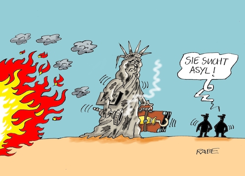 Cartoon: Sicheres Herkunftsland (medium) by RABE tagged usa,trump,washington,freiheitsstatue,liberty,flammen,feuer,unruhen,boston,new,york,rabe,ralf,böhme,cartoon,karikatur,pressezeichnung,farbcartoon,tagescartoon,asyl,asylsuche,polizei,gewalt,terror,armee,nationalgarde,schwarze,floyd,polizeiterror,usa,trump,washington,freiheitsstatue,liberty,flammen,feuer,unruhen,boston,new,york,rabe,ralf,böhme,cartoon,karikatur,pressezeichnung,farbcartoon,tagescartoon,asyl,asylsuche,polizei,gewalt,terror,armee,nationalgarde,schwarze,floyd,polizeiterror