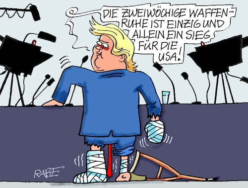 Cartoon: Sieg für Trump (medium) by RABE tagged trump,präsident,usa,donald,einmarsch,erstürmung,cartoon,karikatur,pressezeichnung,rabe,ralf,böhme,farbcartoon,tagescartoon,venezuela,südamerika,maduro,regimewechsel,weltordnung,kongress,völkerrecht,iran,irankrieg,waffenruhe,waffenstillstand,frieden,pakistan,sieg,kamera,mikro,krücke,verband,gipsbein,verletzungen,mullbinde,hormus,trump,präsident,usa,donald,einmarsch,erstürmung,cartoon,karikatur,pressezeichnung,rabe,ralf,böhme,farbcartoon,tagescartoon,venezuela,südamerika,maduro,regimewechsel,weltordnung,kongress,völkerrecht,iran,irankrieg,waffenruhe,waffenstillstand,frieden,pakistan,sieg,kamera,mikro,krücke,verband,gipsbein,verletzungen,mullbinde,hormus