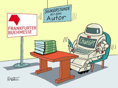 Cartoon: Signatur künstlich (medium) by RABE tagged chatgpt,rechner,ki,it,computer,roboter,internet,rabe,ralf,böhme,cartoon,karikatur,pressezeichnung,farbcartoon,tagescartoon,eu,europa,sicherheit,kontrolle,gesetz,frankfurt,main,buchmesse,literatur,grüne,fantasy,fantasyliteratur,kanzlerkandidat,habeck,signatur,autor,unterschrift,signierstunde,chatgpt,rechner,ki,it,computer,roboter,internet,rabe,ralf,böhme,cartoon,karikatur,pressezeichnung,farbcartoon,tagescartoon,eu,europa,sicherheit,kontrolle,gesetz,frankfurt,main,buchmesse,literatur,grüne,fantasy,fantasyliteratur,kanzlerkandidat,habeck,signatur,autor,unterschrift,signierstunde