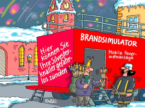 Cartoon: Simulant (medium) by RABE tagged silvester,silvesterfeier,neujahr,rabe,ralf,böhme,cartoon,karikatur,pressezeichnung,farbcartoon,tagescartoon,musical,theater,jahresrückblick,feuerwehr,simulator,raketen,knaller,böller,test,silvester,silvesterfeier,neujahr,rabe,ralf,böhme,cartoon,karikatur,pressezeichnung,farbcartoon,tagescartoon,musical,theater,jahresrückblick,feuerwehr,simulator,raketen,knaller,böller,test