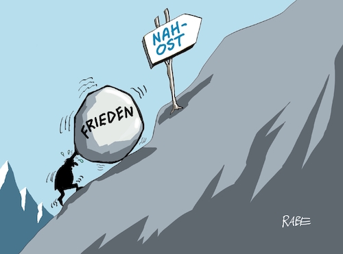 Cartoon: Sisyphus hoch hinaus (medium) by RABE tagged israel,hamas,gaza,gazastreifen,westjordanland,gewalt,krieg,konflikte,friedensgespräche,friedensbemühungen,aussöhnung,rabe,ralf,böhme,cartoon,karikatur,pressezeichnung,farbcartoon,tagescartoon,friedenstaube,sisyphus,berg,fels,felsblock,wegweiser,nahost,israel,hamas,gaza,gazastreifen,westjordanland,gewalt,krieg,konflikte,friedensgespräche,friedensbemühungen,aussöhnung,rabe,ralf,böhme,cartoon,karikatur,pressezeichnung,farbcartoon,tagescartoon,friedenstaube,sisyphus,berg,fels,felsblock,wegweiser,nahost