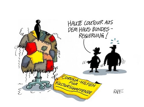 Cartoon: Sommerkollektion (medium) by RABE tagged virus,corona,pandemie,coronakrise,rabe,ralf,böhme,cartoon,karikatur,pressezeichnung,farbcartoon,tagescartoon,viren,virenschutz,mundschutz,desinfektion,föderal,föderalismus,ländersache,haute,couture,mode,sommermode,flicken,flickenteppich,kultur,künstler,kulturbetriebe,kulturschaffende,soforthilfe,bundesregierung,flickschusterei,virus,corona,pandemie,coronakrise,rabe,ralf,böhme,cartoon,karikatur,pressezeichnung,farbcartoon,tagescartoon,viren,virenschutz,mundschutz,desinfektion,föderal,föderalismus,ländersache,haute,couture,mode,sommermode,flicken,flickenteppich,kultur,künstler,kulturbetriebe,kulturschaffende,soforthilfe,bundesregierung,flickschusterei