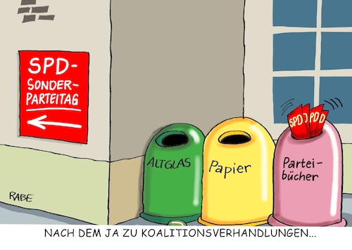 Cartoon: Sonderparteitag III (medium) by RABE tagged spd,sonderparteitag,martin,schulz,bonn,abstimmung,ja,nein,mitgliederbefragung,groko,parteibücher,austritt,rabe,ralf,böhme,cartoon,karikatur,pressezeichnung,farbcartoon,tagescartoon,union,cdu,csu,merkel,seehofer,neuwahlen,minderheitsregierung,müll,mülltrennung,müllcontainer,altpapier,rücktritt,spd,sonderparteitag,martin,schulz,bonn,abstimmung,ja,nein,mitgliederbefragung,groko,parteibücher,austritt,rabe,ralf,böhme,cartoon,karikatur,pressezeichnung,farbcartoon,tagescartoon,union,cdu,csu,merkel,seehofer,neuwahlen,minderheitsregierung,müll,mülltrennung,müllcontainer,altpapier,rücktritt