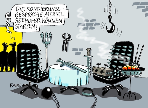 Cartoon: Sondierungsfolter (medium) by RABE tagged seehofer,csu,wahldebakel,bayern,rücktritt,rabe,ralf,böhme,münchen,sprengstoff,wahlergebnisse,söder,wahlurne,schwesterpartei,sondierung,sondierungsgespräche,merkel,mutti,kanzlerin,obergrenze,jamaika,koalition,folter,folterkammer,daumenschrauben,ketten,seehofer,csu,wahldebakel,bayern,rücktritt,rabe,ralf,böhme,münchen,sprengstoff,wahlergebnisse,söder,wahlurne,schwesterpartei,sondierung,sondierungsgespräche,merkel,mutti,kanzlerin,obergrenze,jamaika,koalition,folter,folterkammer,daumenschrauben,ketten