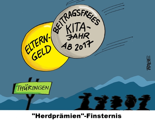 Cartoon: Sonnenfinsternis Herdprämie (medium) by RABE tagged ramelow,mohring,thüringen,landtag,debatte,cdu,linke,erfurt,rabe,ralf,böhme,cartoon,karikatur,pressezeichnung,farbcartoon,tagescartoon,sonne,mond,sonnenfinsternis,herdprämie,elterngeld,betreuungsgeld,abschaffung,beitragsfrei,ramelow,mohring,thüringen,landtag,debatte,cdu,linke,erfurt,rabe,ralf,böhme,cartoon,karikatur,pressezeichnung,farbcartoon,tagescartoon,sonne,mond,sonnenfinsternis,herdprämie,elterngeld,betreuungsgeld,abschaffung,beitragsfrei