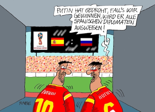 Cartoon: Spanien gegen Russland (medium) by RABE tagged fußball,wm,russland,gespenst,bayern,münchen,verletzungen,boateng,robben,rabe,ralf,böhme,cartoon,tagescartoon,farbcartoon,pressezeichnung,spanien,achtelfinale,unentschieden,sieg,tor,torwart,fußballer,diplomaten,ausweisung,fußball,wm,russland,gespenst,bayern,münchen,verletzungen,boateng,robben,rabe,ralf,böhme,cartoon,tagescartoon,farbcartoon,pressezeichnung,spanien,achtelfinale,unentschieden,sieg,tor,torwart,fußballer,diplomaten,ausweisung