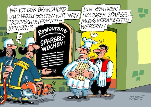 Cartoon: Spargeltrennung (medium) by RABE tagged spargel,spargelzeit,spargelesser,sparer,spargeld,rabe,ralf,böhme,cartoon,karikatur,pressezeichnung,farbcartoon,tagescartoon,saison,spargelsaison,ehepaar,mann,frau,gaststätte,restaurant,trennschleifer,holz,spargelstangen,spargelwochen,feuerwehr,löscheinsatz,schlauchkoch,kellner,ober,säge,spargel,spargelzeit,spargelesser,sparer,spargeld,rabe,ralf,böhme,cartoon,karikatur,pressezeichnung,farbcartoon,tagescartoon,saison,spargelsaison,ehepaar,mann,frau,gaststätte,restaurant,trennschleifer,holz,spargelstangen,spargelwochen,feuerwehr,löscheinsatz,schlauchkoch,kellner,ober,säge