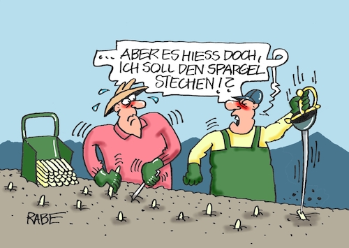 Cartoon: Sparglstecher (medium) by RABE tagged spargel,spargelzeit,spargelesser,sparer,spargeld,rabe,ralf,böhme,cartoon,karikatur,pressezeichnung,farbcartoon,tagescartoon,saison,spargelsaison,spargelstecher,spargelbeet,degen,florett,säbel,stecher,stich,spargel,spargelzeit,spargelesser,sparer,spargeld,rabe,ralf,böhme,cartoon,karikatur,pressezeichnung,farbcartoon,tagescartoon,saison,spargelsaison,spargelstecher,spargelbeet,degen,florett,säbel,stecher,stich