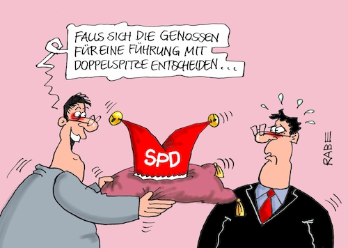 Cartoon: SPD Doppelspitze (medium) by RABE tagged nahles,spd,sozialdemokraten,groko,umfragetief,scholz,rabe,ralf,böhme,cartoon,karikatur,pressezeichnung,farbcartoon,tagescartoon,herztod,magenerkrankungen,arzt,herzbericht,herzinfarkt,doppelspitze,narrenkappe,neuwahlen,nahles,spd,sozialdemokraten,groko,umfragetief,scholz,rabe,ralf,böhme,cartoon,karikatur,pressezeichnung,farbcartoon,tagescartoon,herztod,magenerkrankungen,arzt,herzbericht,herzinfarkt,doppelspitze,narrenkappe,neuwahlen