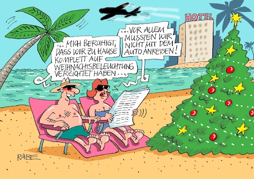 Cartoon: Starndurlaub (medium) by RABE tagged klimawandel,umwelt,umweltministerin,schulze,sp,klimapreis,heizung,auto,rabe,ralf,böhme,cartoon,karikatur,pressezeichnung,farbcartoon,tagescartoon,brücke,bettler,verkehr,klimaprämie,friday,for,future,strand,strandurlaub,karibik,malorca,flugscham,weihnachten,weihnachtsbaum,weihnachtsbeleuchtung,verzicht,klimawandel,umwelt,umweltministerin,schulze,sp,klimapreis,heizung,auto,rabe,ralf,böhme,cartoon,karikatur,pressezeichnung,farbcartoon,tagescartoon,brücke,bettler,verkehr,klimaprämie,friday,for,future,strand,strandurlaub,karibik,malorca,flugscham,weihnachten,weihnachtsbaum,weihnachtsbeleuchtung,verzicht