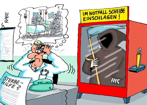 Cartoon: Sterbehilfenotfall (medium) by RABE tagged sterbehilfe,sterbehelfer,bundestag,debatte,tod,arzt,notfall,patienten,rabe,ralf,böhme,cartoon,karikatur,pressezeichnung,farbcartoon,tagescartoon,krankenhaus,sterbebett,sense,hammer,maschinen,sterbehilfe,sterbehelfer,bundestag,debatte,tod,arzt,notfall,patienten,rabe,ralf,böhme,cartoon,karikatur,pressezeichnung,farbcartoon,tagescartoon,krankenhaus,sterbebett,sense,hammer,maschinen