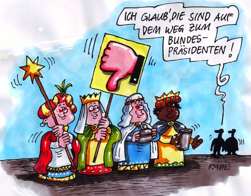 Cartoon: Sternengesang (medium) by RABE tagged wulff,bundespräsident,staatsoberhaupt,cdu,merkel,kanzlerin,rücktritt,erklärungsnot,mailbox,handy,bild,bildzeitung,chefredakteur,pressefreiheit,maulkorb,diekmann,kredit,privatkredit,kreditvergabe,zinsen,geerkens,urlaubsreise,florida,sternsinger,amtsmissbrauch,weihnachtstage,caspar,melchior,balthasar,daumen,segensbitte,spende,gabe,könige,morgenland,abendland,botschaft,wulff,diekmann,kredit,kreditvergabe,chefredakteur,pressefreiheit,erklärungsnot,mailbox,handy