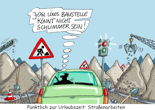 Cartoon: Straßenbau (medium) by RABE tagged baustellen,umleitungen,stau,ferienzeit,reisezeit,autobahnen,rabe,ralf,böhme,cartoon,karikatur,pressezeichnung,farbcartoon,tagescartoon,kraftfahrer,geduld,fahrschule,extrem,car,driving,löw,bundestrainer,gipfel,wm,ausscheiden,baustellen,umleitungen,stau,ferienzeit,reisezeit,autobahnen,rabe,ralf,böhme,cartoon,karikatur,pressezeichnung,farbcartoon,tagescartoon,kraftfahrer,geduld,fahrschule,extrem,car,driving,löw,bundestrainer,gipfel,wm,ausscheiden