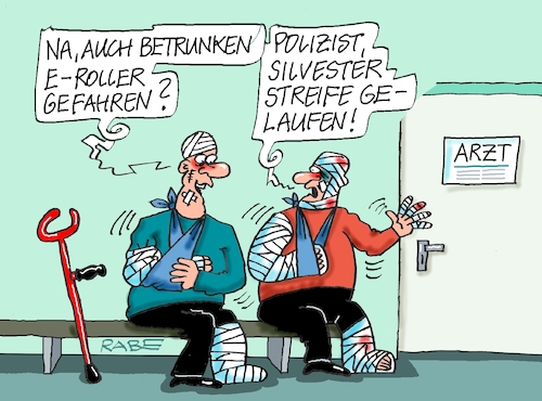 Cartoon: Streifenlauf (medium) by RABE tagged silvester,silvesterfeier,neujahr,rabe,ralf,böhme,cartoon,karikatur,pressezeichnung,farbcartoon,tagescartoon,musical,theater,jahresrückblick,notaufnahme,silvesterparty,streife,patient,arzt,wartezimmer,krücke,verband,verletzungen,silvester,silvesterfeier,neujahr,rabe,ralf,böhme,cartoon,karikatur,pressezeichnung,farbcartoon,tagescartoon,musical,theater,jahresrückblick,notaufnahme,silvesterparty,streife,patient,arzt,wartezimmer,krücke,verband,verletzungen