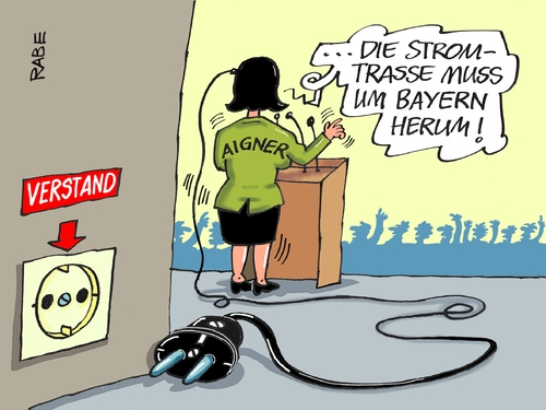 Cartoon: Stromtrasse (medium) by RABE tagged ilse,aigner,wirtschaftsministerium,bayern,staatskanzlei,seehofer,strom,stromtrasse,thüringen,strommasten,windstrom,nordsee,rabe,ralf,böhme,cartoon,karikatur,pressezeichnung,farbcartoon,tagescartoon,stecker,steckdose,kabel,stromleitung,natur,umwelt,bürgerproteste,ilse,aigner,wirtschaftsministerium,bayern,staatskanzlei,seehofer,strom,stromtrasse,thüringen,strommasten,windstrom,nordsee,rabe,ralf,böhme,cartoon,karikatur,pressezeichnung,farbcartoon,tagescartoon,stecker,steckdose,kabel,stromleitung,natur,umwelt,bürgerproteste