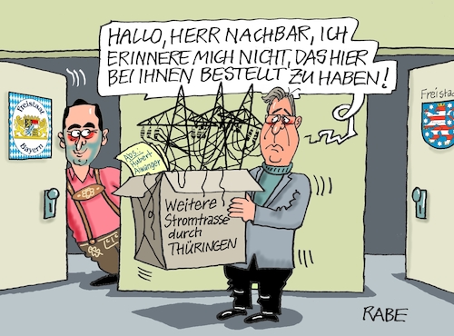 Cartoon: Stromtrasse (medium) by RABE tagged strom,stromtrasse,thüringen,bayern,aiwanger,söder,bodo,ramelow,ministerpräsident,rabe,ralf,böhme,cartoon,karikatur,pressezeichnung,farbcartoon,tagescartoon,streit,trassenführung,zoff,protest,stroanbieter,hochspannungsmasten,paket,nachbar,nachbarschaft,bundesnetzagentur,strom,stromtrasse,thüringen,bayern,aiwanger,söder,bodo,ramelow,ministerpräsident,rabe,ralf,böhme,cartoon,karikatur,pressezeichnung,farbcartoon,tagescartoon,streit,trassenführung,zoff,protest,stroanbieter,hochspannungsmasten,paket,nachbar,nachbarschaft,bundesnetzagentur