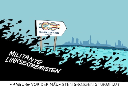 Cartoon: Sturmflut (medium) by RABE tagged hamburg,sturmflut,zwanzig,gipfel,militante,linke,linksextremisten,rabe,ralf,böhme,cartoon,karikatur,pressezeichnung,farbcartoon,tagescartoon,welle,gewalt,innenminister,hamburg,sturmflut,zwanzig,gipfel,militante,linke,linksextremisten,rabe,ralf,böhme,cartoon,karikatur,pressezeichnung,farbcartoon,tagescartoon,welle,gewalt,innenminister