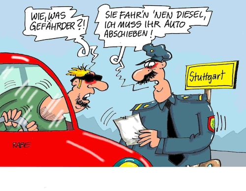 Cartoon: Stuttgart (medium) by RABE tagged gefähreder,diesel,stuttgart,fahrverbot,umweltschonung,verkehrsminister,rabe,ralf,böhme,cartoon,karikatur,pressezeichnung,farbcartoon,tagescartoon,autofahrer,umweltgefahr,innenstadt,smog,feinstaub,gefähreder,diesel,stuttgart,fahrverbot,umweltschonung,verkehrsminister,rabe,ralf,böhme,cartoon,karikatur,pressezeichnung,farbcartoon,tagescartoon,autofahrer,umweltgefahr,innenstadt,smog,feinstaub