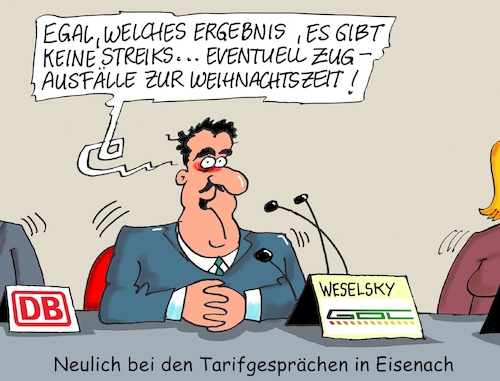 Cartoon: Tarifgespräche Bahn (medium) by RABE tagged db,deutsche,bahn,tarifgespräche,tarifverhandlungen,eisenach,gdl,gewerkschaft,lokführer,weselsky,rabe,ralf,böhme,cartoon,karikatur,pressezeichnung,farbcartoon,tagescartoon,streik,weihnachten,weihnachtszeit,zugausfälle,reisende,db,deutsche,bahn,tarifgespräche,tarifverhandlungen,eisenach,gdl,gewerkschaft,lokführer,weselsky,rabe,ralf,böhme,cartoon,karikatur,pressezeichnung,farbcartoon,tagescartoon,streik,weihnachten,weihnachtszeit,zugausfälle,reisende