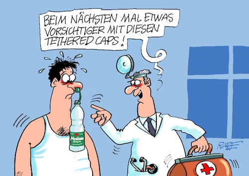 Cartoon: Tethered Caps (medium) by RABE tagged arzt,patient,notarzt,hno,rabe,ralf,böhme,cartoon,karikatur,pressezeichnung,farbcartoon,tagescartoon,mineralwasser,pet,flaschen,platikflaschen,verschlusskappe,tethered,caps,nase,nasenloch,klimaschutz,arzt,patient,notarzt,hno,rabe,ralf,böhme,cartoon,karikatur,pressezeichnung,farbcartoon,tagescartoon,mineralwasser,pet,flaschen,platikflaschen,verschlusskappe,tethered,caps,nase,nasenloch,klimaschutz