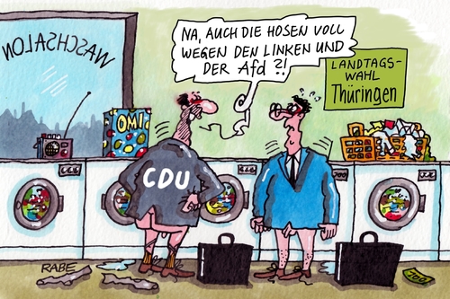 Cartoon: Thüringenwahl (medium) by RABE tagged thüringen,landtag,landtagswahl,ministerpräsidentin,lieberknecht,cdu,ramelow,linke,afd,rabe,ralf,böhme,cartoon,karikatur,pressezeichnung,farbcartoon,tagescartoon,waschsalon,hosen,wäschetrommel,eingeschissen,thüringen,landtag,landtagswahl,ministerpräsidentin,lieberknecht,cdu,ramelow,linke,afd,rabe,ralf,böhme,cartoon,karikatur,pressezeichnung,farbcartoon,tagescartoon,waschsalon,hosen,wäschetrommel,eingeschissen