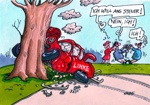 Cartoon: Totalschaden (medium) by RABE tagged linke,gysi,bartsch,sozialisten,sed,pds,ddr,demontage,rote,lafontaine,wagenknecht,spitze,parteitag,parteispitze,doppelspitze,frauenquote,ernst,kipping,machtkampf,kandidatur,opposition,macht,machtgerangel,schwabedissen,ramelow,fraktionschef,zimmermann,auto,unfall,baum,crash,kurve,totalschaden,blechschaden,steuer,steuerad,lenkung,lenkrad,gysi,sozialisten,bartsch,sed,pds,ddr,demontage,lafontaine,wagenknecht