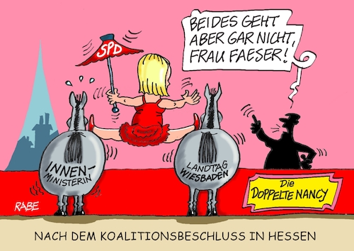 Cartoon: Traumtänzerin (medium) by RABE tagged faeser,innenministerin,hessen,landtagswahl,rabe,ralf,böhme,cartoon,karikatur,pressezeichnung,farbcartoon,tagescartoon,wahlkampf,schlauchboot,umfragetief,koalition,spd,cdu,rhein,wiesbaden,zirkus,manege,zirkusmanege,pferde,spagat,koalitionsbeschluss,bundesland,faeser,innenministerin,hessen,landtagswahl,rabe,ralf,böhme,cartoon,karikatur,pressezeichnung,farbcartoon,tagescartoon,wahlkampf,schlauchboot,umfragetief,koalition,spd,cdu,rhein,wiesbaden,zirkus,manege,zirkusmanege,pferde,spagat,koalitionsbeschluss,bundesland