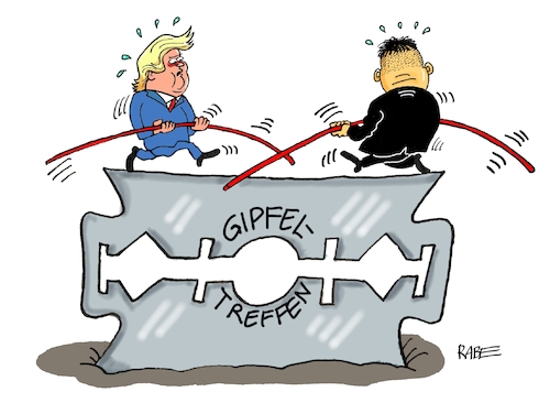 Cartoon: Treffen Trump und Kim II (medium) by RABE tagged donald,trump,usa,us,president,washington,botschaften,länder,hauptstädte,rabe,ralf,böhme,cartoon,karikatur,pressezeichnung,farbcartoon,tagescartoon,treffen,spitzentreffen,kim,nordkorea,südkorea,machthaber,atomtests,rasierklinge,balance,balanceakt,delegation,vorbereitung,donald,trump,usa,us,president,washington,botschaften,länder,hauptstädte,rabe,ralf,böhme,cartoon,karikatur,pressezeichnung,farbcartoon,tagescartoon,treffen,spitzentreffen,kim,nordkorea,südkorea,machthaber,atomtests,rasierklinge,balance,balanceakt,delegation,vorbereitung