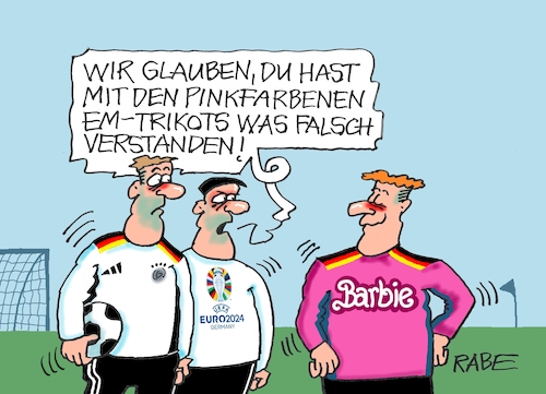 Cartoon: Trikottausch (medium) by RABE tagged fussball,wm,klimafreundlich,klimaneutral,kontinente,ball,fußball,spieler,druck,fifa,katar,winter,weltmeisterschaft,winterweltmeisterschaft,europameisterschaft,em,deutschland,trikot,fussballtrikot,nationalelf,pink,barbie,fussballer,fussball,wm,klimafreundlich,klimaneutral,kontinente,ball,fußball,spieler,druck,fifa,katar,winter,weltmeisterschaft,winterweltmeisterschaft,europameisterschaft,em,deutschland,trikot,fussballtrikot,nationalelf,pink,barbie,fussballer