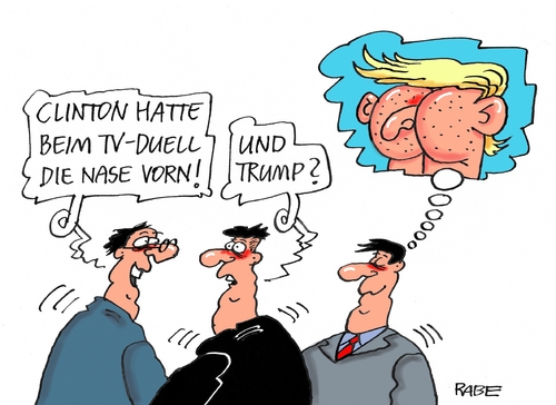 Cartoon: Trump Clinton Duell (medium) by RABE tagged trump,clinton,tv,duell,usa,wahlkampf,präsidentschaftskandidat,präsidentschaftswahlkampf,rabe,ralf,böhme,cartoon,karikatur,pressezeichnung,farbcartoon,tagescartoon,nase,vorn,hinten,arsch,ohren,trump,clinton,tv,duell,usa,wahlkampf,präsidentschaftskandidat,präsidentschaftswahlkampf,rabe,ralf,böhme,cartoon,karikatur,pressezeichnung,farbcartoon,tagescartoon,nase,vorn,hinten,arsch,ohren