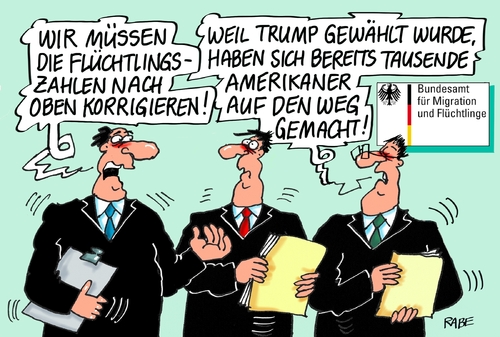 Cartoon: Trump Flüchtlinge (medium) by RABE tagged trump,clinton,tv,duell,usa,wahlkampf,präsidentschaftskandidat,präsidentschaftswahlkampf,rabe,ralf,böhme,cartoon,karikatur,pressezeichnung,farbcartoon,tagescartoon,präsident,flüchtlinge,flüchtlingsstrom,bufa,bundesamt,für,migration,flüchtlingszahlen,korrektur,oben,trump,clinton,tv,duell,usa,wahlkampf,präsidentschaftskandidat,präsidentschaftswahlkampf,rabe,ralf,böhme,cartoon,karikatur,pressezeichnung,farbcartoon,tagescartoon,präsident,flüchtlinge,flüchtlingsstrom,bufa,bundesamt,für,migration,flüchtlingszahlen,korrektur,oben