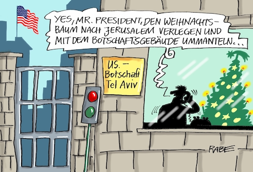 Cartoon: Trump Israel (medium) by RABE tagged trump,usa,us,botschaft,präsident,tel,aviv,jerusalem,islamisten,botschaftsverlegung,diplomaten,rabe,ralf,böhme,cartoon,karikatur,pressezeichnung,farbcartoon,tagescartoon,botschaftsgebäude,ummandelung,weihnachten,weihnachtsbaum,weihnachtstanne,protest,arabische,welt,araber,alarmglocken,konflikt,interreligiös,muslime,provokation,trump,usa,us,botschaft,präsident,tel,aviv,jerusalem,islamisten,botschaftsverlegung,diplomaten,rabe,ralf,böhme,cartoon,karikatur,pressezeichnung,farbcartoon,tagescartoon,botschaftsgebäude,ummandelung,weihnachten,weihnachtsbaum,weihnachtstanne,protest,arabische,welt,araber,alarmglocken,konflikt,interreligiös,muslime,provokation