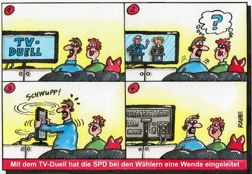 Cartoon: TV-Duell Text I (medium) by RABE tagged duell,tv,steinbrück,spd,kanzlerkandidat,merkel,cdu,kanzlerin,herausforderer,wähler,wahlsonntag,rabe,ralf,böhme,cartoon,karikatur,pressezeichnung,farbcartoon,sofa,ehepaar,fernseher,wende,wählergunst,stimmen,duell,tv,steinbrück,spd,kanzlerkandidat,merkel,cdu,kanzlerin,herausforderer,wähler,wahlsonntag,rabe,ralf,böhme,cartoon,karikatur,pressezeichnung,farbcartoon,sofa,ehepaar,fernseher,wende,wählergunst,stimmen