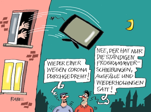 Cartoon: TV Schleuder (medium) by RABE tagged virus,corona,pandemie,coronakrise,rabe,ralf,böhme,cartoon,karikatur,pressezeichnung,farbcartoon,tagescartoon,viren,virenschutz,mundschutz,desinfektion,föderal,föderalismus,ländersache,lockerungen,homeoffice,tv,fernsehprogramm,wiederholungen,änderungen,fernseher,programm,programmverschiebungen,ausfälle,programmgestalter,fernsehzeitschrift,virus,corona,pandemie,coronakrise,rabe,ralf,böhme,cartoon,karikatur,pressezeichnung,farbcartoon,tagescartoon,viren,virenschutz,mundschutz,desinfektion,föderal,föderalismus,ländersache,lockerungen,homeoffice,tv,fernsehprogramm,wiederholungen,änderungen,fernseher,programm,programmverschiebungen,ausfälle,programmgestalter,fernsehzeitschrift