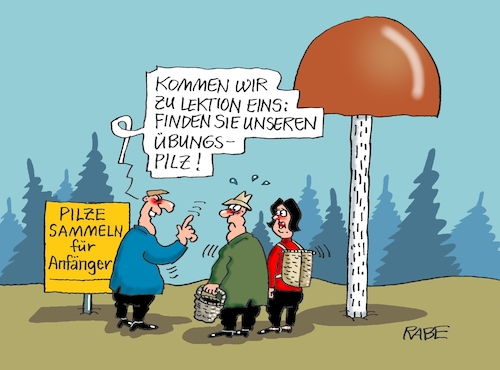 Cartoon: Übungssache (medium) by RABE tagged pilz,pilze,pilsaison,pilzsucher,korb,messer,pilzbuch,rabe,ralf,böhme,cartoon,karikatur,pressezeichnung,farbcartoon,pilzberatung,pilzarten,champignon,rasen,wald,anfänger,übung,lektion,übungspilz,pilzsammler,pilz,pilze,pilsaison,pilzsucher,korb,messer,pilzbuch,rabe,ralf,böhme,cartoon,karikatur,pressezeichnung,farbcartoon,pilzberatung,pilzarten,champignon,rasen,wald,anfänger,übung,lektion,übungspilz,pilzsammler