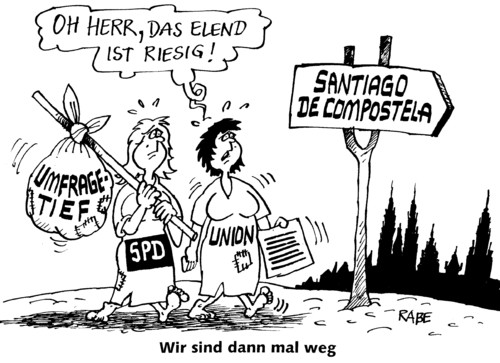 Cartoon: Umfragetief (medium) by RABE tagged umfragetief,spd,cdu,bundesrgierung,partei,parteitag,beliebtheit,beliebtheitsskala,politbarometer,bürgerbefragung,forschungsinstitut,tortendiagramm,union,merkel,kanzlerin,gabriel,herr,elend,riesengroß,santiago,de,compostellea,spanien,pilgerweg,pilgerer,herberge,muschel,jakobsweg,jakobsmuschel,mönch,kathedrale,pfad,beten,mittelalter,umfrage,euro,krise,wanderer,wanderweg,gepäck,proviant,umfragetief,partei,parteitag,bundesrgierung,beliebtheit,beliebtheitsskala,bürgerbefragung,forschungsinstitut