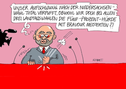 Cartoon: Umfragetief (medium) by RABE tagged martin,schulz,spd,wahlkampf,bundestagswahl,beamte,rentenkasse,rabe,ralf,böhme,cartoon,karikatur,pressezeichnung,farbcartoon,tagescartoon,umfragetief,landtagswahlen,niedersachsen,schulzeffekt,verpuffung,hürde,martin,schulz,spd,wahlkampf,bundestagswahl,beamte,rentenkasse,rabe,ralf,böhme,cartoon,karikatur,pressezeichnung,farbcartoon,tagescartoon,umfragetief,landtagswahlen,niedersachsen,schulzeffekt,verpuffung,hürde