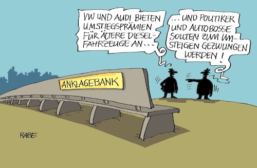 Cartoon: Umstiegsprämie (medium) by RABE tagged gefähreder,diesel,stuttgart,fahrverbot,umweltschonung,verkehrsminister,rabe,ralf,böhme,cartoon,karikatur,pressezeichnung,farbcartoon,tagescartoon,autofahrer,umweltgefahr,innenstadt,smog,feinstaub,dieselskandal,dobrindt,vw,audi,managaer,autobosse,umstiegsprämie,dieselfahrzeuge,anklagebank,bestrafung,steuerzahler,weil,niedersachsen,gefähreder,diesel,stuttgart,fahrverbot,umweltschonung,verkehrsminister,rabe,ralf,böhme,cartoon,karikatur,pressezeichnung,farbcartoon,tagescartoon,autofahrer,umweltgefahr,innenstadt,smog,feinstaub,dieselskandal,dobrindt,vw,audi,managaer,autobosse,umstiegsprämie,dieselfahrzeuge,anklagebank,bestrafung,steuerzahler,weil,niedersachsen