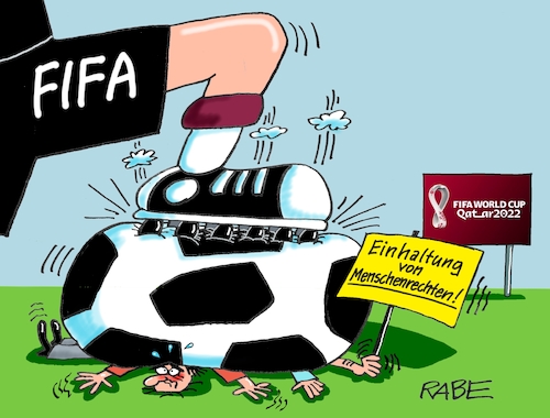 Cartoon: Unter Druck (medium) by RABE tagged katar,fußball,wm,weltmeisterschaft,wüstenstaat,saudis,menscherechte,fifa,rabe,ralf,böhme,cartoon,karikatur,pressezeichnung,farbcartoon,tagescartoon,fußballspieler,fußballschuh,transparent,menschenrechtler,katar,fußball,wm,weltmeisterschaft,wüstenstaat,saudis,menscherechte,fifa,rabe,ralf,böhme,cartoon,karikatur,pressezeichnung,farbcartoon,tagescartoon,fußballspieler,fußballschuh,transparent,menschenrechtler