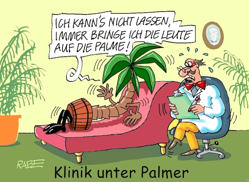 Cartoon: Unter Palmer (medium) by RABE tagged palmer,bürgermeister,tübingen,grüne,auszeit,rassismus,rassismusvorwürfe,rassismuskeule,rabe,ralf,böhme,cartoon,karikatur,pressezeichnung,farbcartoon,tagescartoon,palmen,klinik,tv,serie,psychiater,couch,palmer,bürgermeister,tübingen,grüne,auszeit,rassismus,rassismusvorwürfe,rassismuskeule,rabe,ralf,böhme,cartoon,karikatur,pressezeichnung,farbcartoon,tagescartoon,palmen,klinik,tv,serie,psychiater,couch