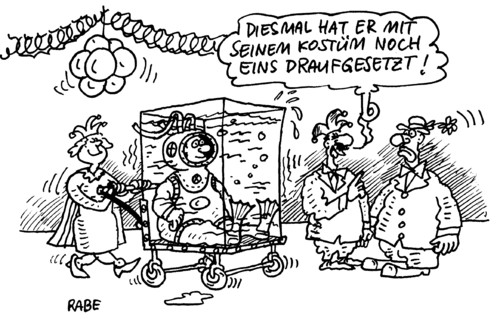 Cartoon: Unterwasserkostüm (medium) by RABE tagged fasching,karneval,kostümball,elferratssitzung,prunksitzung,narrenkappe,luftschlangen,luftballon,konfetti,stimmungskanone,kostümverleih,mann,frau,basin,aquarium,taucher,prinzessein,festsaal,schwimmflossen,clown,maske,pappnase,pfannkuchen,wasser,karneval,fasching,schunkeln,elferrat,festsaal,bühne,elferatssitzung,festakt,schmücken,narren,narrenkappe,verkleidung,verkleiden