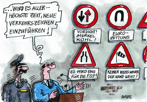 Cartoon: Verkehrssünder (medium) by RABE tagged bundesregierung,kanzlerin,merkel,cdu,csu,kohl,altkanzler,koalition,fdp,schwarzgelb,liberale,westerwelle,aussenminister,euro,krise,schuldenkrise,brüssel,rettungsschirm,steuererhöhung,sparpaket,anleger,spekulanten,verkehrszeichen,verkehrsschilder,verbotszeichen,gebotszeichen,straßenverkehr,verkehrsregelung,polizei,einführung,zeit,redner,politiker,rednerpult,abgeordnete,polizeibeamter,wachtmeister,minister,verkehrsminister,ramsauer,straßenverkehrsordnung,bundesregierung,kanzlerin,csu,altkanzler,koalition,fdp,schwarzgelb,liberale,westerwelle